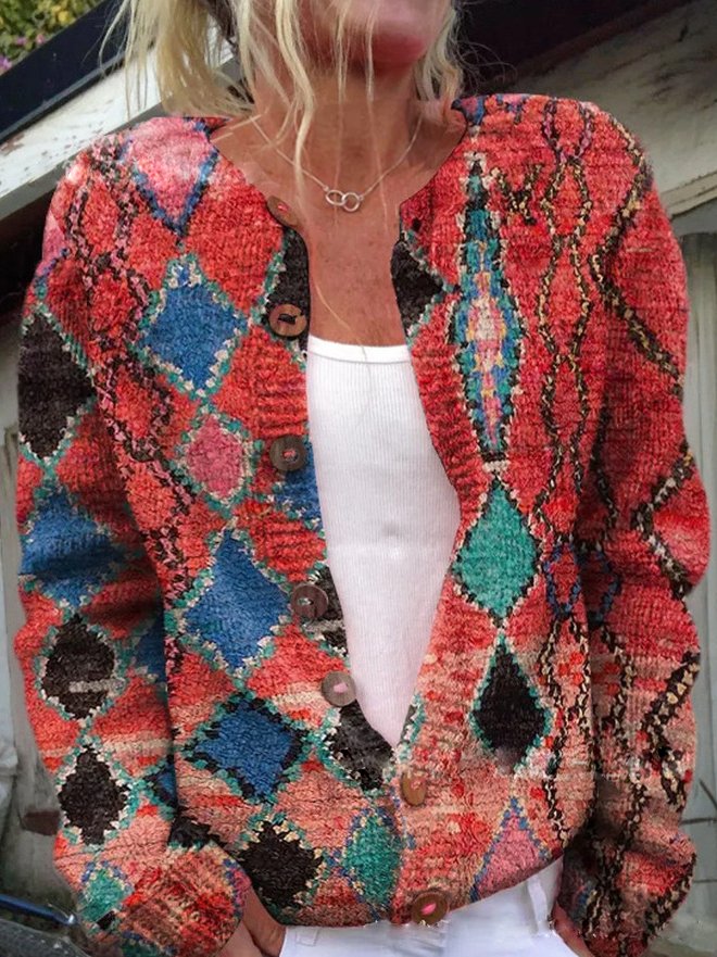 Kvinnors Tryckt Knapp Cardigan Lång Ärmar Casual Stickad