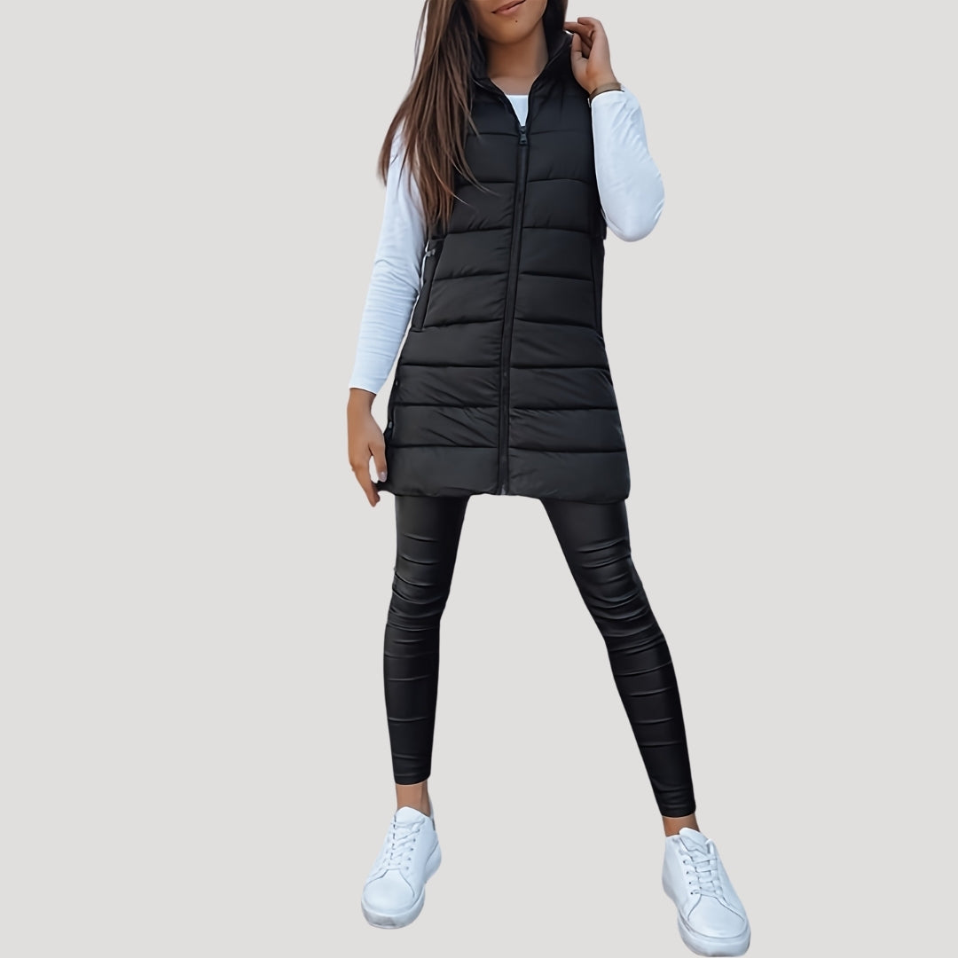 Kvinnors Vadderad Huva Gilet – Långlinjig Zip-Up Vinterlager för Avslappnad Vardagsbruk