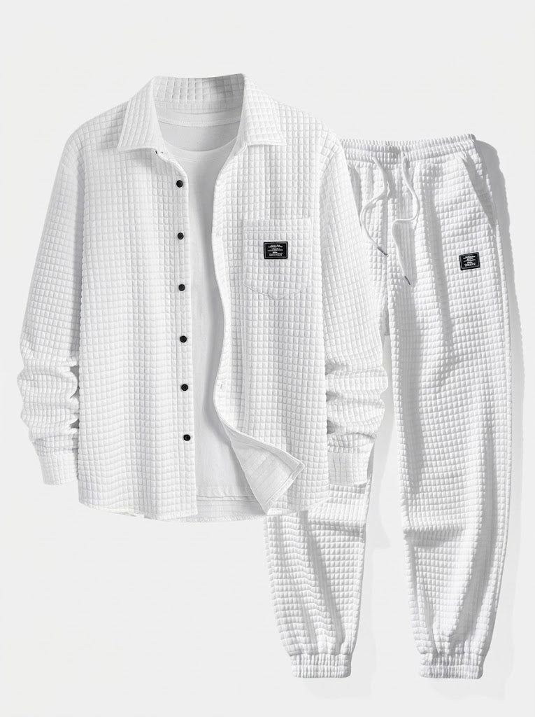 Herr Waffle Skjorta och Jogger Set – Strukturerad Avslappnad Lageroutfit