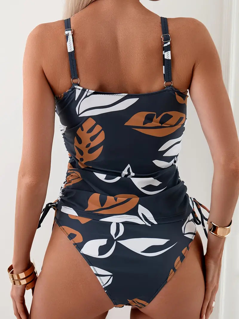 Kvinnors Tryckt Tankini Set Med Rynkade Sidoknytningar