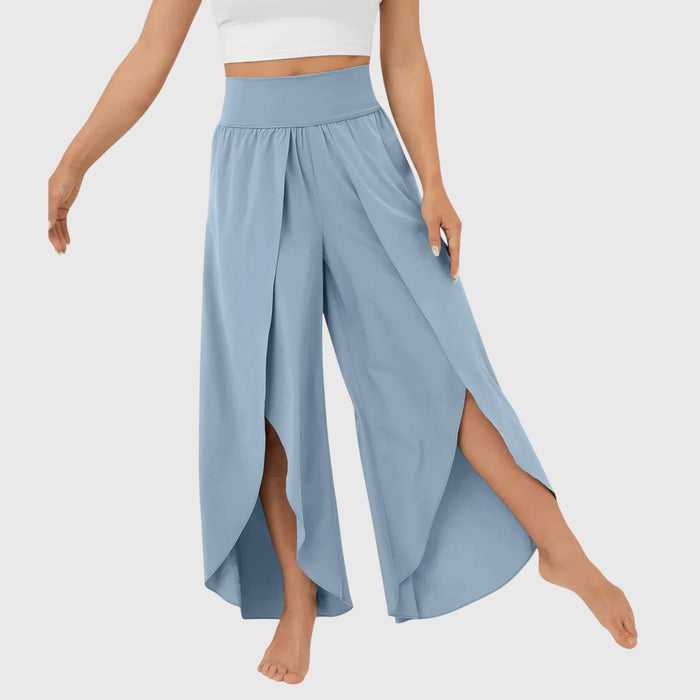 Kvinnors Högmidjade Vida Byxor med Slits – Flödande Boho Sommarstil för Semester och Strandkläder