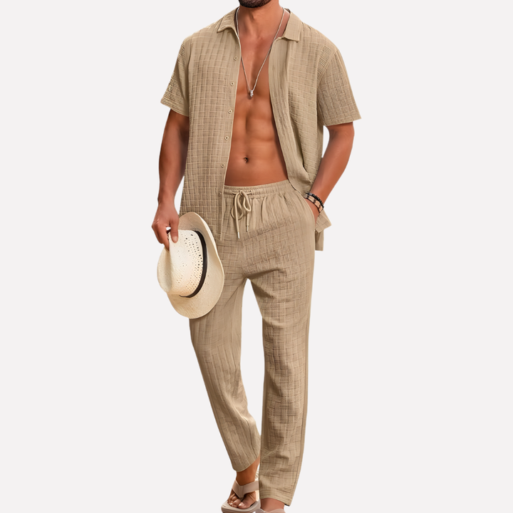 Herrars sommar co-ord set texturerad skjorta avslappnade byxor
