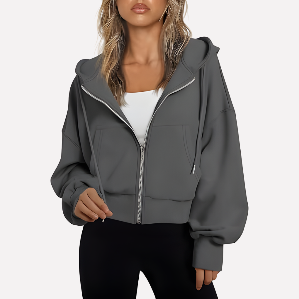 Dam Zip Hoodie Avslappnad Passform Croppad Dragkedja Jacka