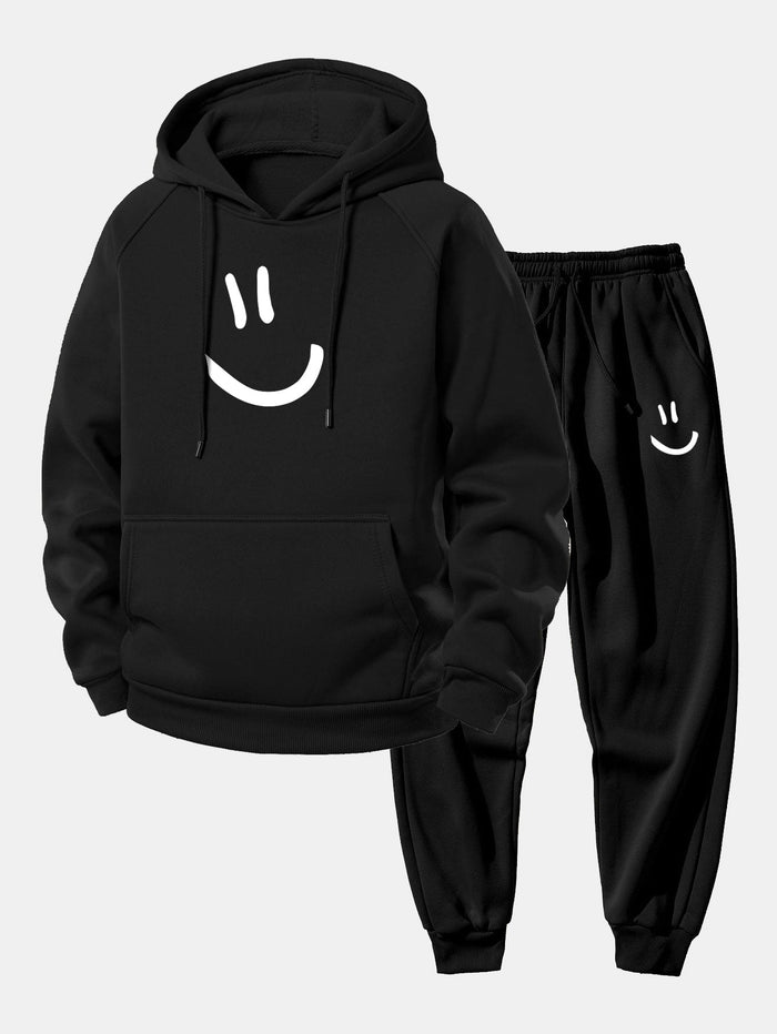 Herrens Loose Fit Hoodie Träningsdräkt – Tryckt Polyester Set med Taperade Joggers