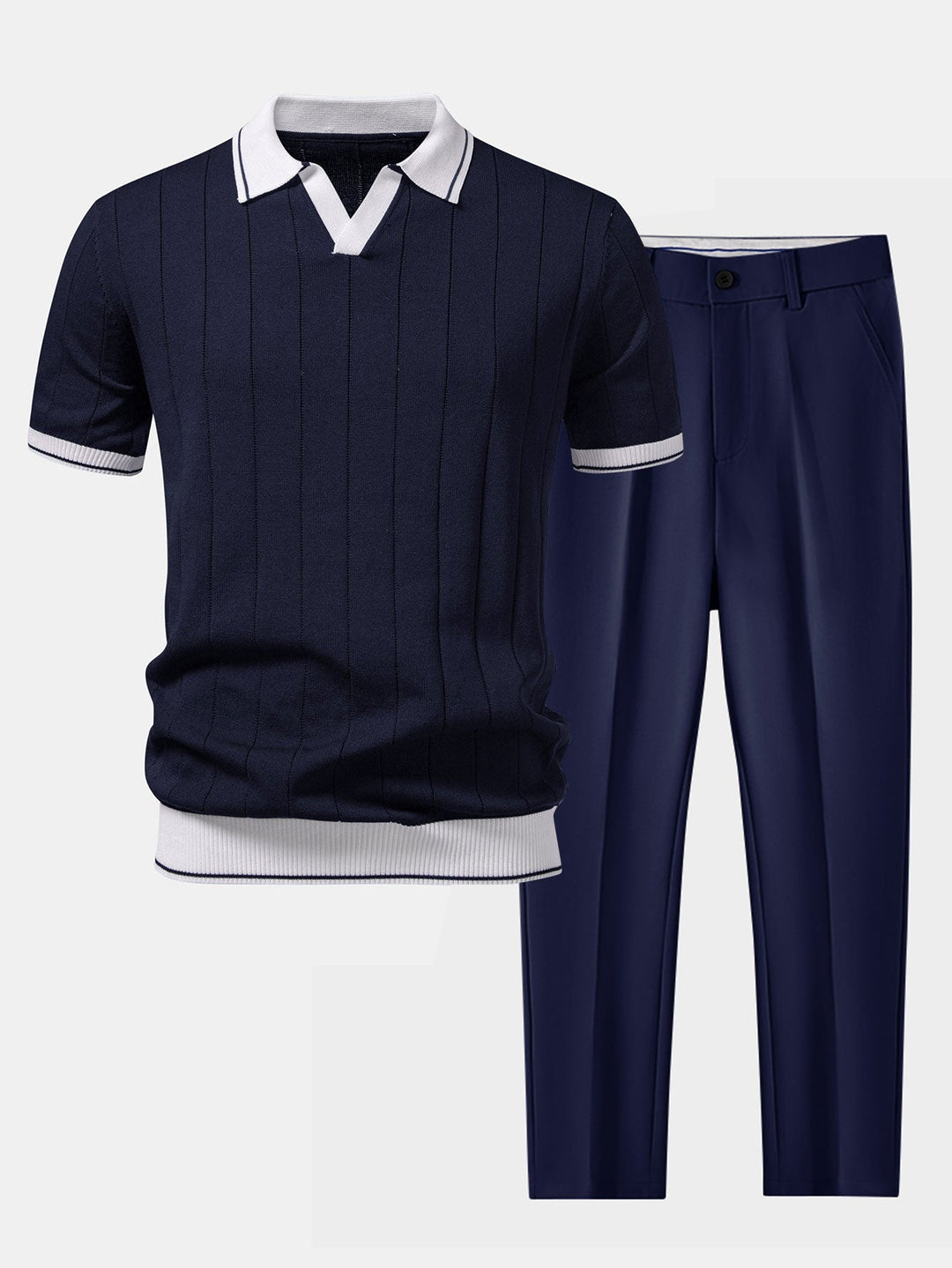 Herr Stickad Polo &amp; Taperade Byxor Set | Smart Casual Koord | Kontrast Trim