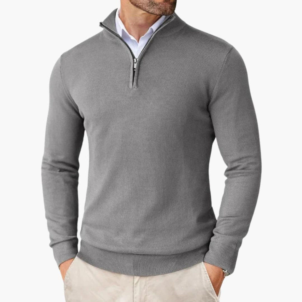 Herrars Quarter Zip Pullover Ribbad Nederkant Stickad Topp