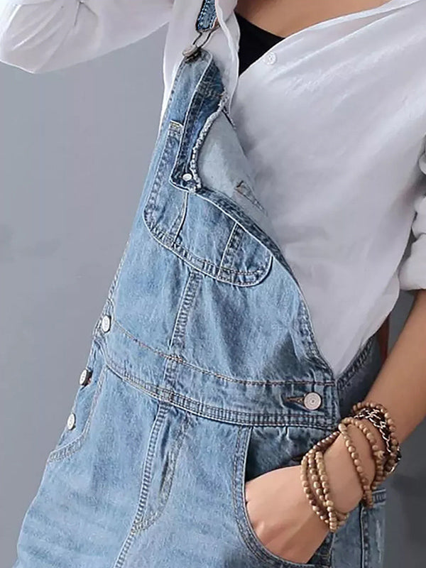 Kvinnors Sliten Denim Pinafore Maxi Klänning Med Fickor