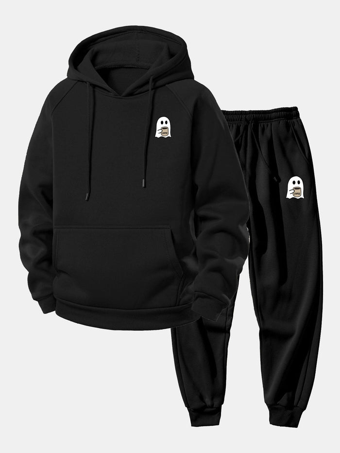 Herrarnas Hooded Polyester Träningsoverall – Avslappnad Tryckt Set med Taperade Joggers för Avslappnade Dagar