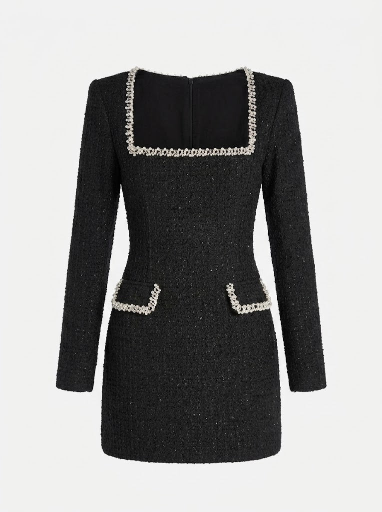 Kvinnors Tweed Mini Klänning – Pärlbesatt Långärmad Stil för Cocktail Evenemang och Middagar