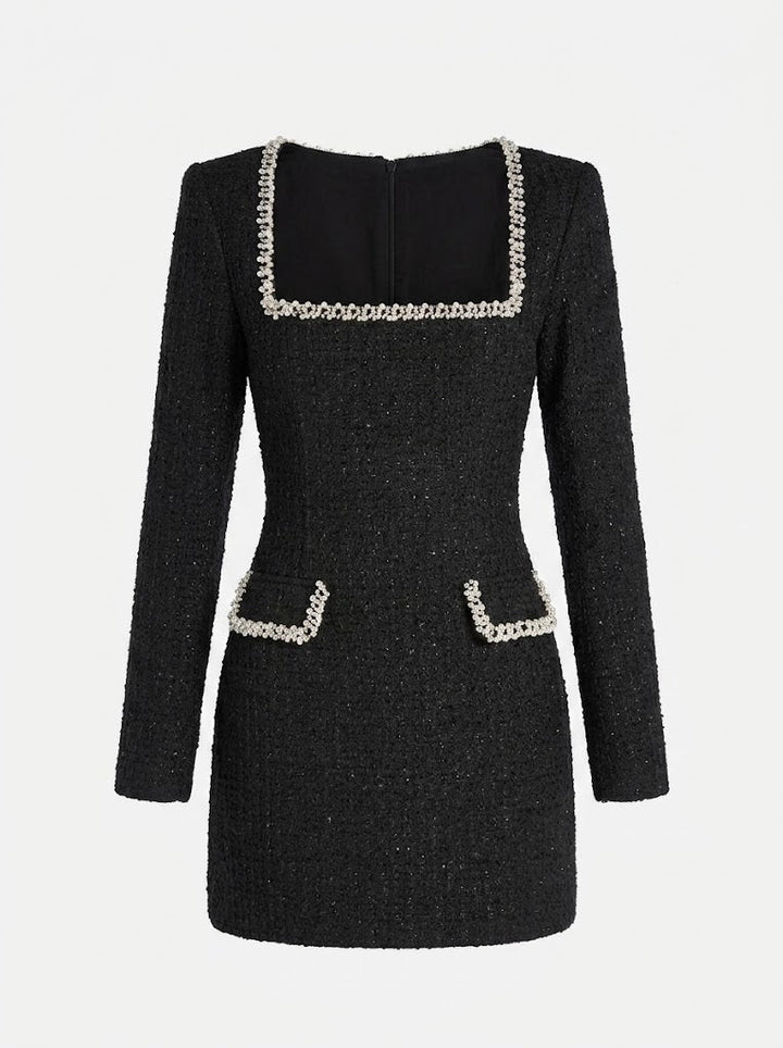 Kvinnors Tweed Mini Klänning – Pärlbesatt Långärmad Stil för Cocktail Evenemang och Middagar