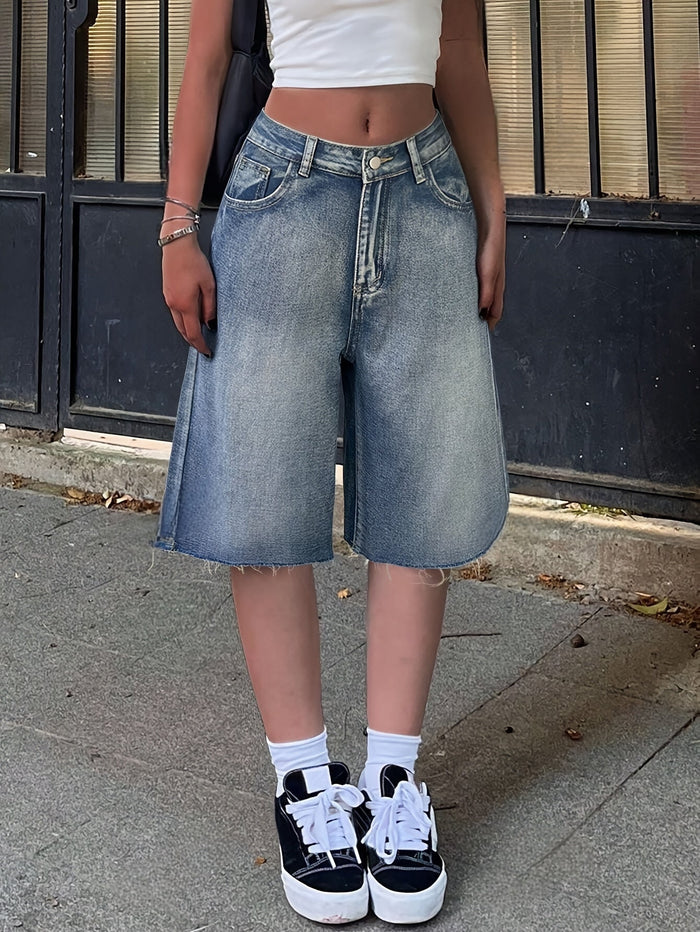 Kvinnors Denim Jorts Avslappnad Passform Hög Midja Vid Ben Knälängd Casual Shorts