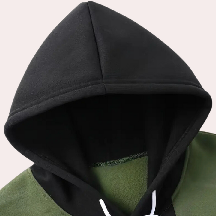Hoodie för män med kontrastpanel, pullover med dragsko, avslappnad streetwear, sweatshirt