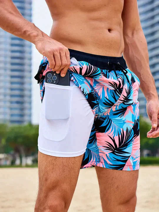 Herrarnas tryckta badshorts med dragsko för stranden