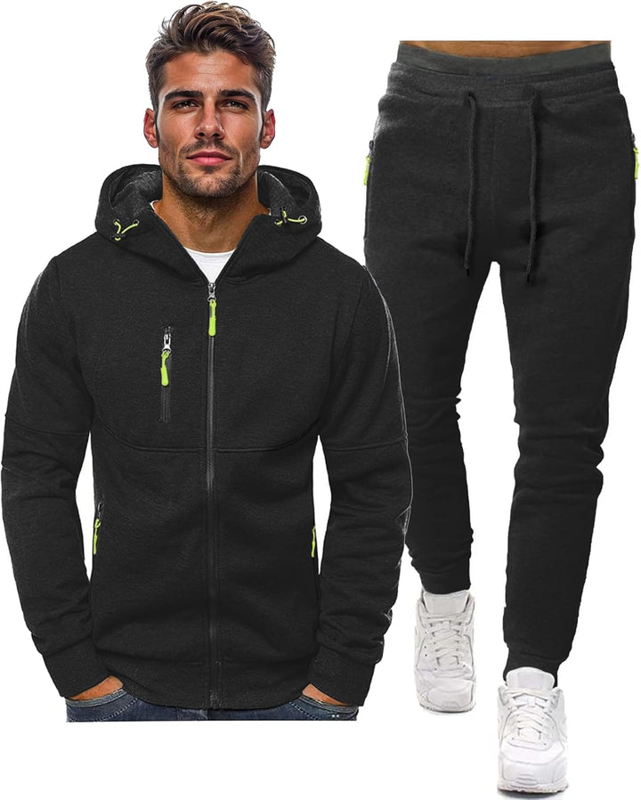 Herrarnas Hooded Tracksuit Set – Zip Jacka och Joggers för Avslappnad Användning