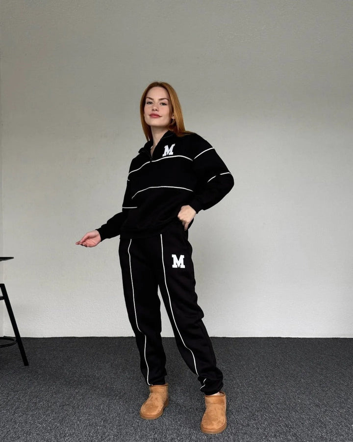 Kvinnors Halv-Zip Träningsoverall med Kontrastpiping – Avslappnad Tröja och Joggers för Vardagsbruk