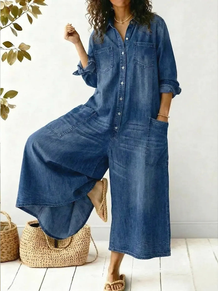 Kvinnors Vida Byxor Denim Jumpsuit Knapp Framsidan Casual Overall