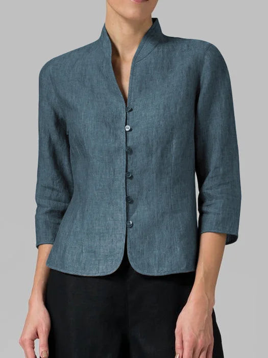Kvinnors Ståkrage Chambray Blus – Skräddarsydd Trekvartsärmad Stil för Arbete och Smart Avslappnad Klädsel