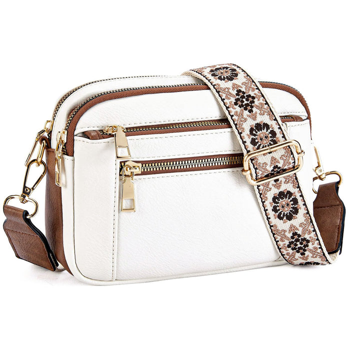 Kvinnors Multi Zip Crossbody Väska Med Tryckt Rem Detalj