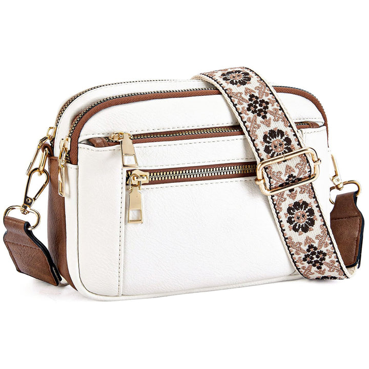 Kvinnors Multi Zip Crossbody Väska Med Tryckt Rem Detalj