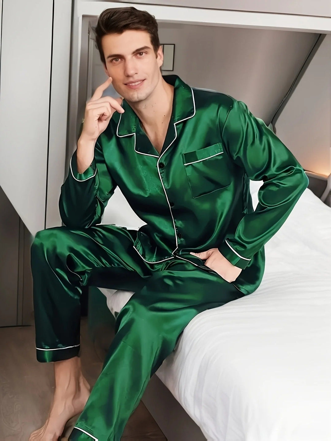 Herrens Pyjamas Set i Bomull och Siden – Slät Satin Sovkläder för Året Runt Komfort