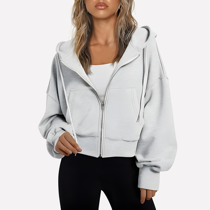 Dam Zip Hoodie Avslappnad Passform Croppad Dragkedja Jacka