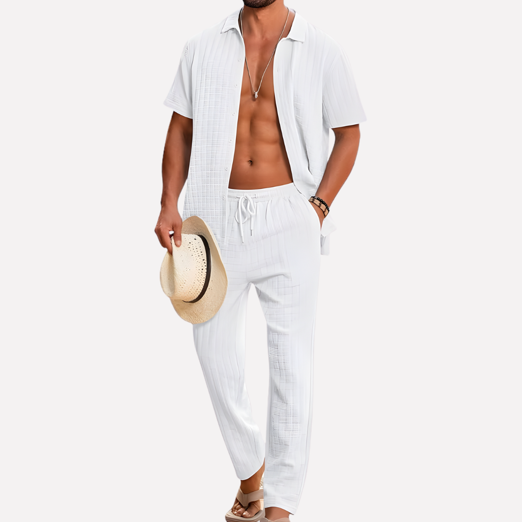 Herrars sommar co-ord set texturerad skjorta avslappnade byxor