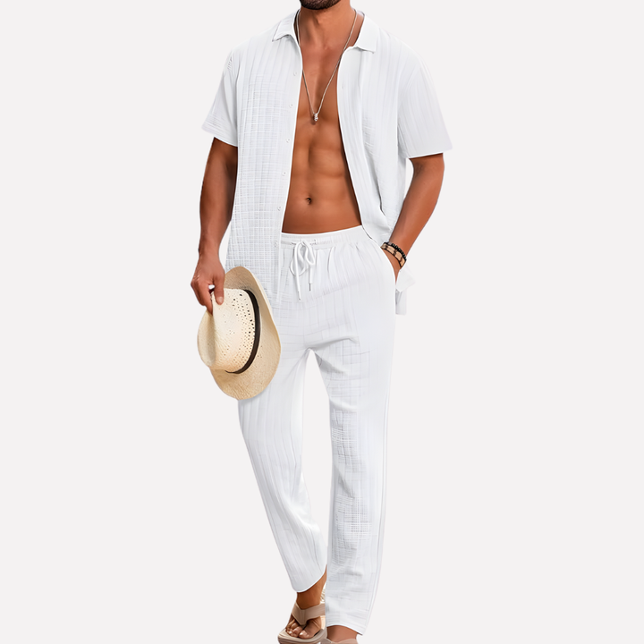 Herrars sommar co-ord set texturerad skjorta avslappnade byxor