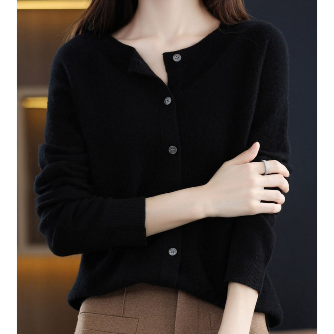 Lyxig Merinoull &amp; Cashmere Cardigan för Kvinnor – Elegant O-Hals Vinterstickad