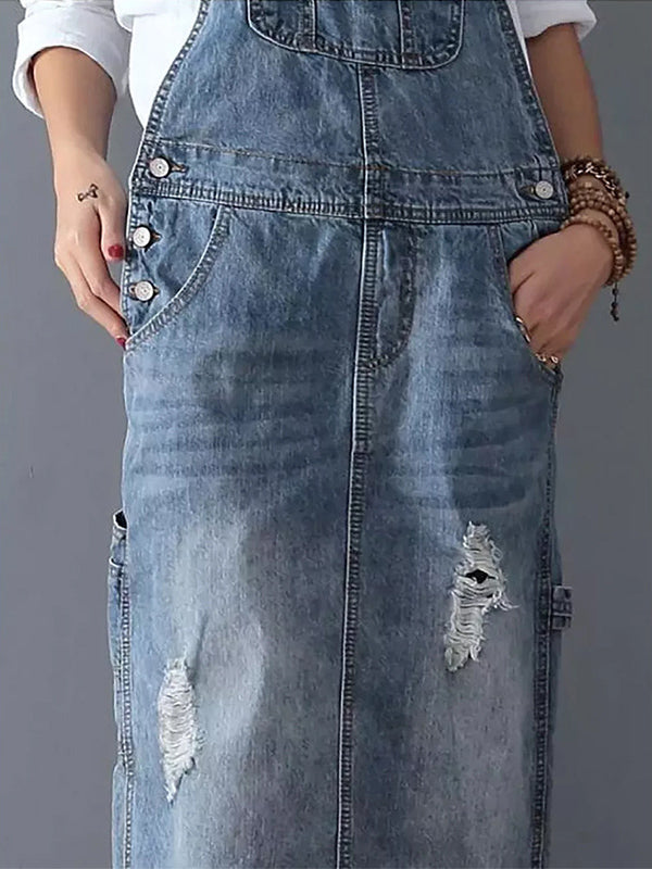 Kvinnors Sliten Denim Pinafore Maxi Klänning Med Fickor