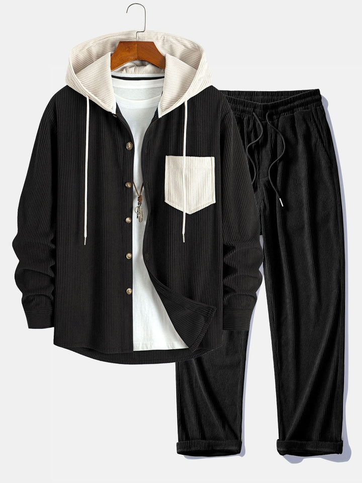 Herrars Corduroy Hooded Overshirt med Raka Byxor – Helglagringsoutfit