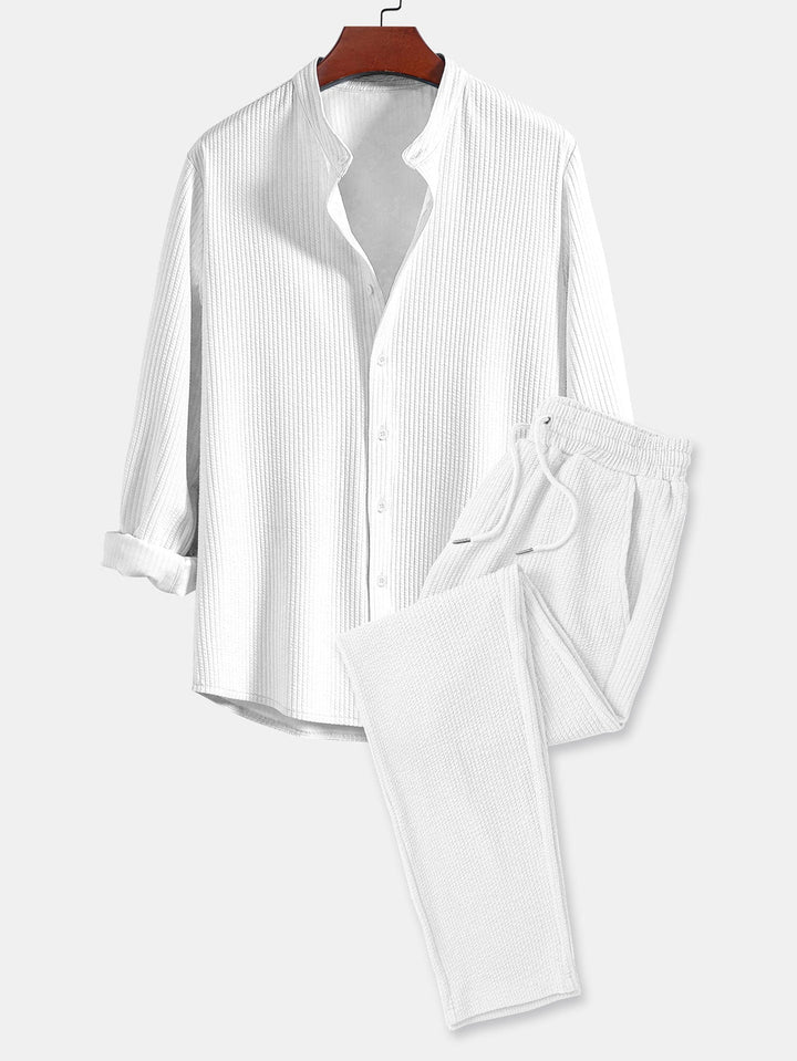Herrens Ribbad Ståkrage Skjorta och Rakbenade Byxor – Stretch Smart Casual Set