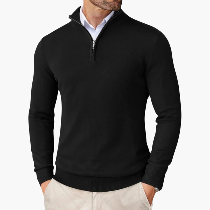 Herrars Quarter Zip Pullover Ribbad Nederkant Stickad Topp