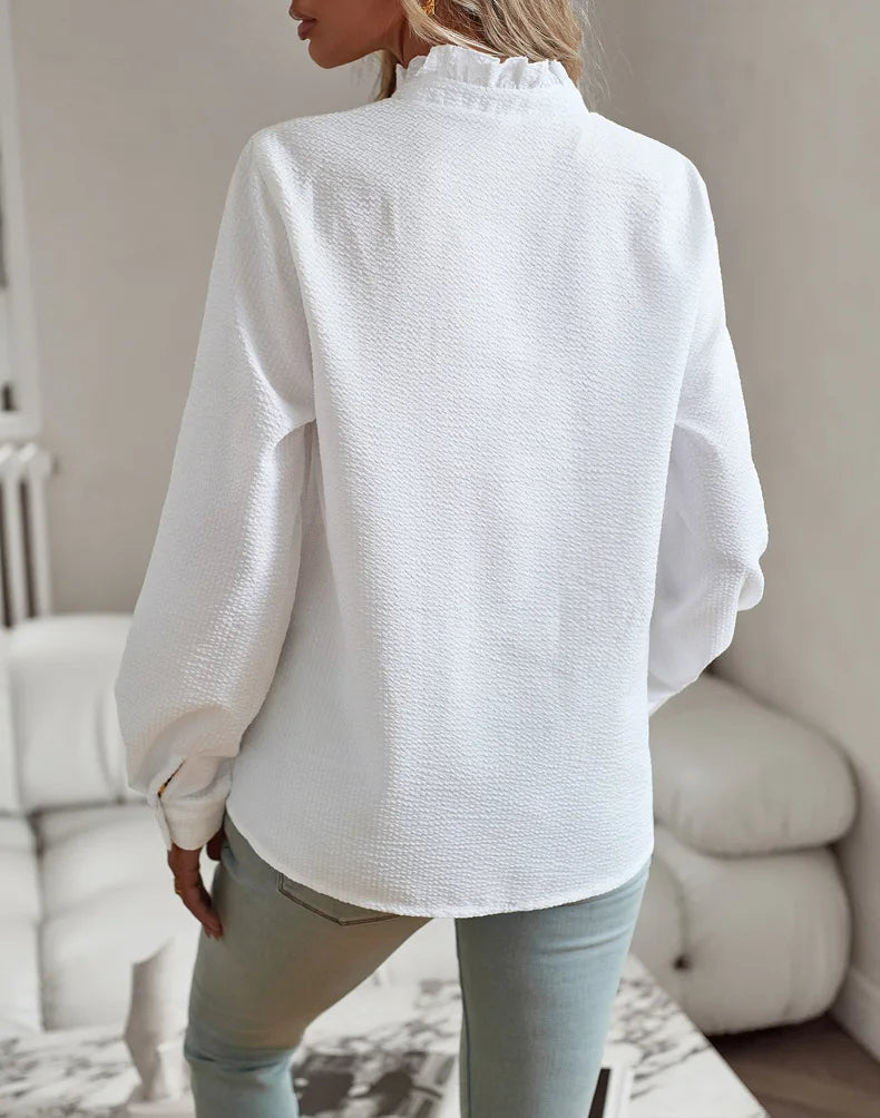 Kvinnors Blus med Volangdetaljer och Knappar – Texturerad Långärmad Stil för Kontor och Vardag