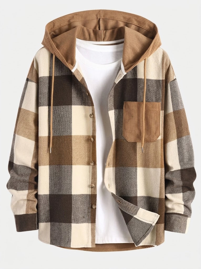 Herrens Hooded Flanellskjorta och Corduroybyxor Set – Avslappnad Höstcasual