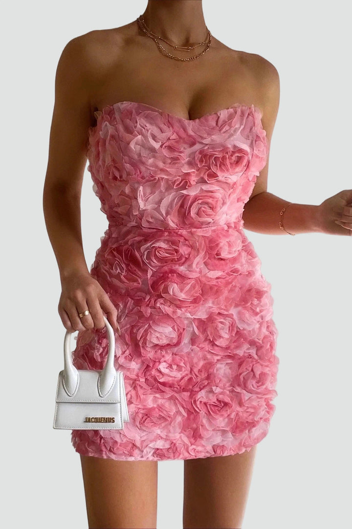 Kvinnors Strapless Mini Klänning med Blommig Appliké Textur