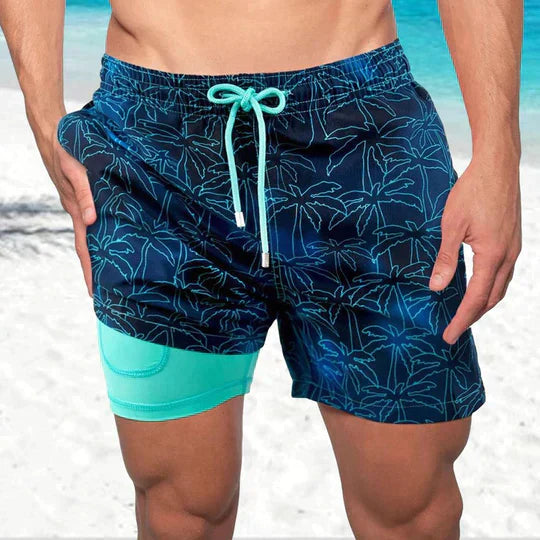 Herrarnas tryckta badshorts med dragsko för stranden
