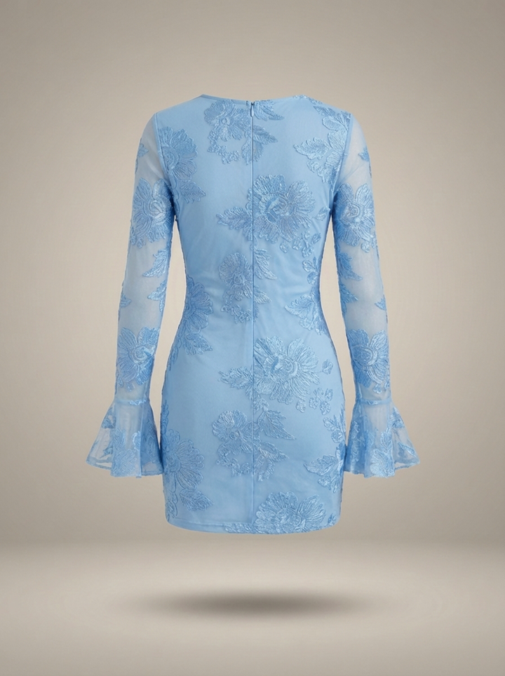 Kvinnors blommiga mesh mini klänning med utsvängda ärmar för fest