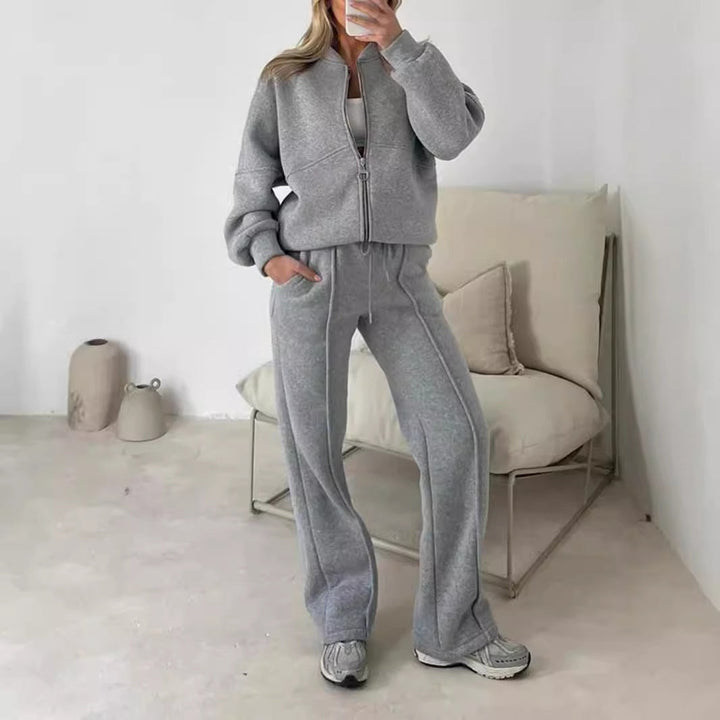 Kvinnors Cropped Zip Lounge Set med Vida Byxor