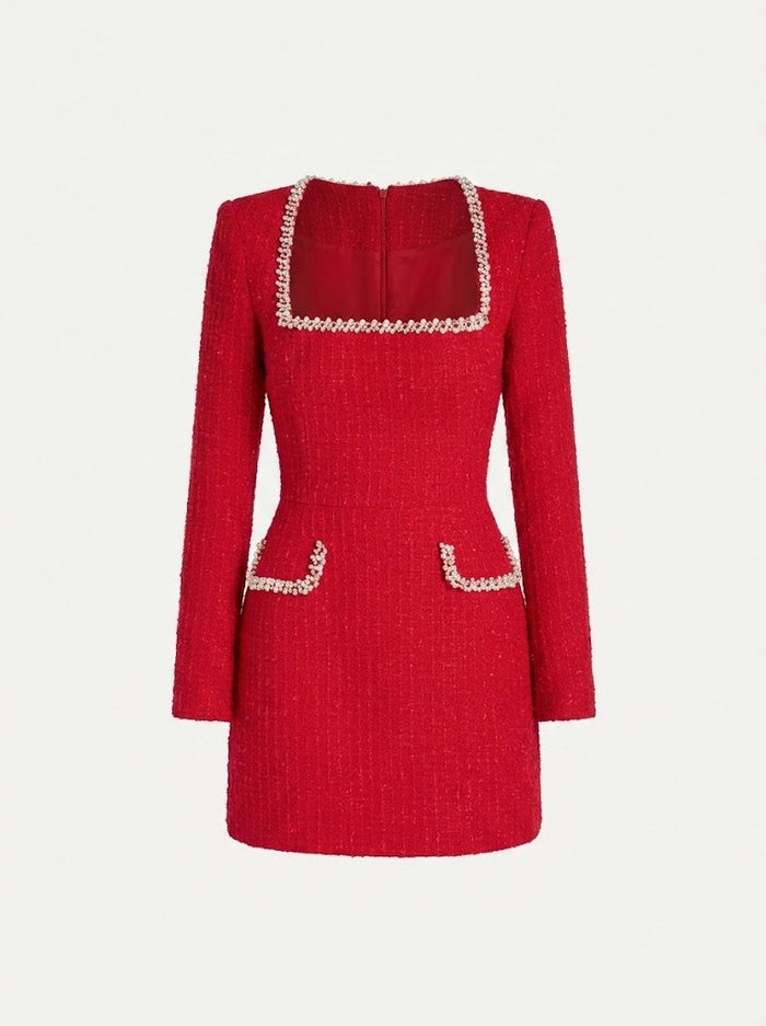 Kvinnors Tweed Mini Klänning – Pärlbesatt Långärmad Stil för Cocktail Evenemang och Middagar
