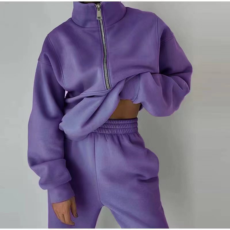 Kvinnors Halv-Zip Sweatshirt och Jogger Set – Avslappnad Tvådelad Sportig Stil