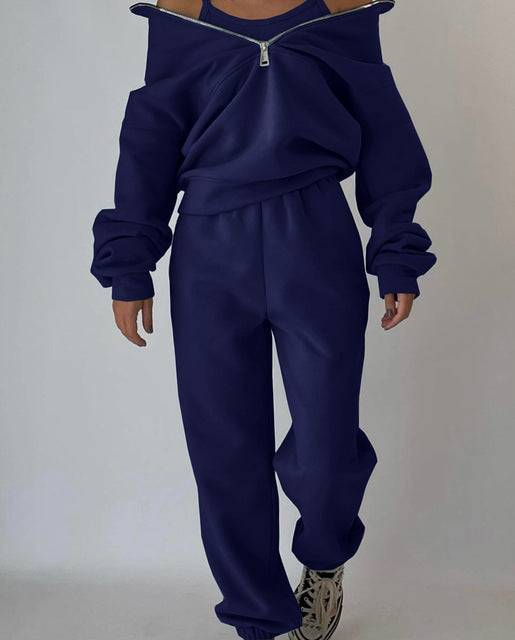 Kvinnors Halv-Zip Sweatshirt och Jogger Set – Avslappnad Tvådelad Sportig Stil
