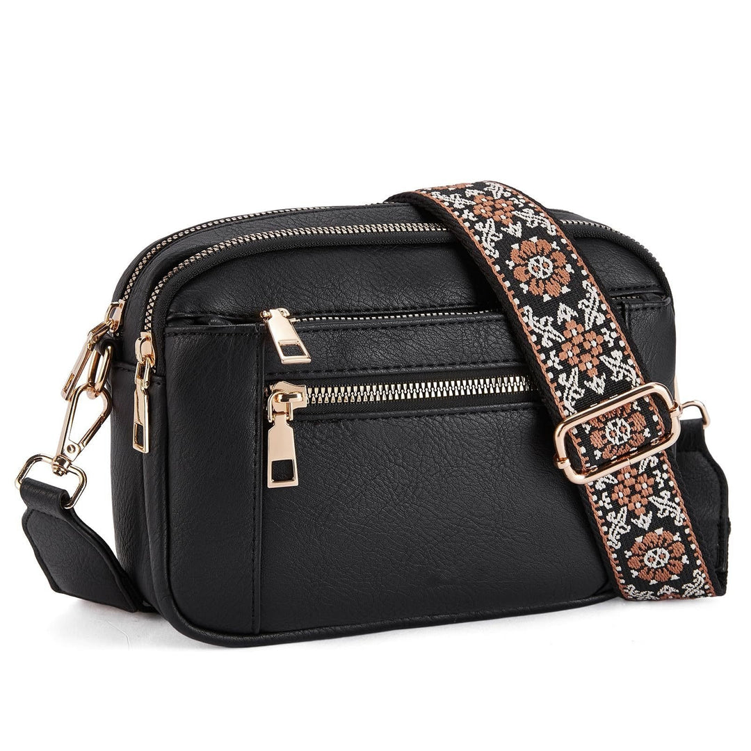 Kvinnors Multi Zip Crossbody Väska Med Tryckt Rem Detalj