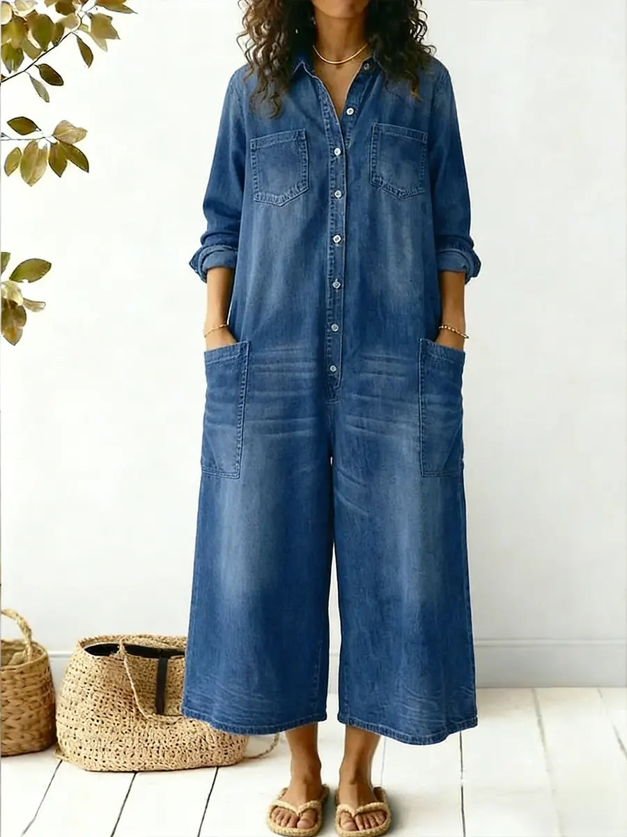Kvinnors Vida Byxor Denim Jumpsuit Knapp Framsidan Casual Overall