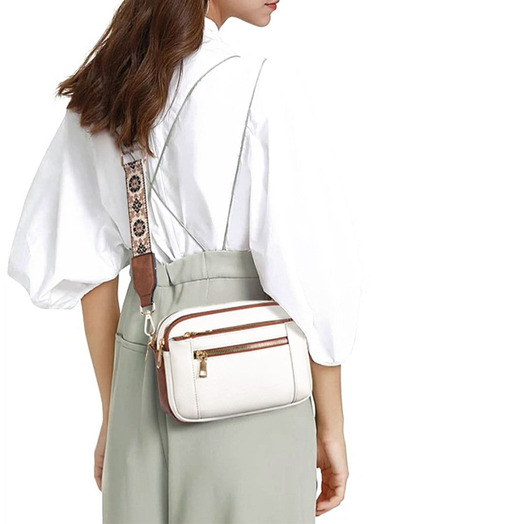 Kvinnors Multi Zip Crossbody Väska Med Tryckt Rem Detalj