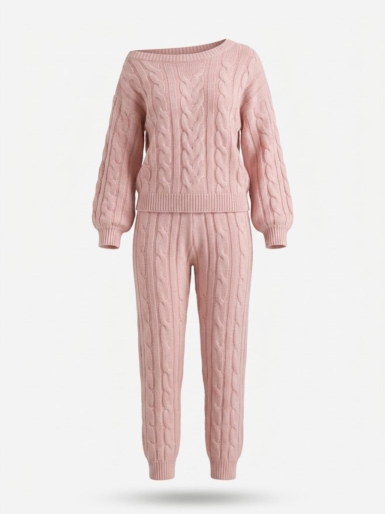 Kvinnors Kabelstickad Tröja och Jogging Set – Mysig Tvådelad Loungewear för Kyligare Dagar