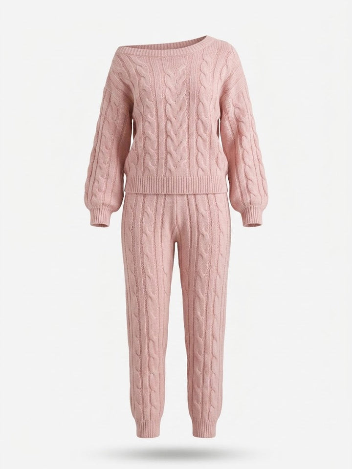 Kvinnors Kabelstickad Tröja och Jogging Set – Mysig Tvådelad Loungewear för Kyligare Dagar