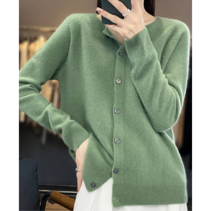 Lyxig Merinoull &amp; Cashmere Cardigan för Kvinnor – Elegant O-Hals Vinterstickad