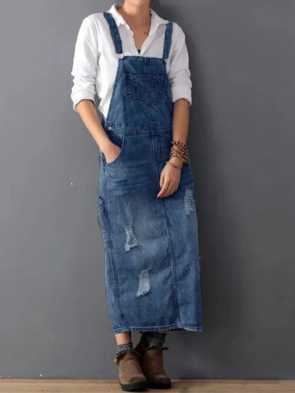 Kvinnors Sliten Denim Pinafore Maxi Klänning Med Fickor