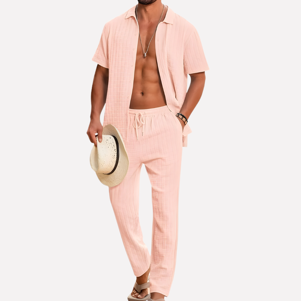 Herrars sommar co-ord set texturerad skjorta avslappnade byxor