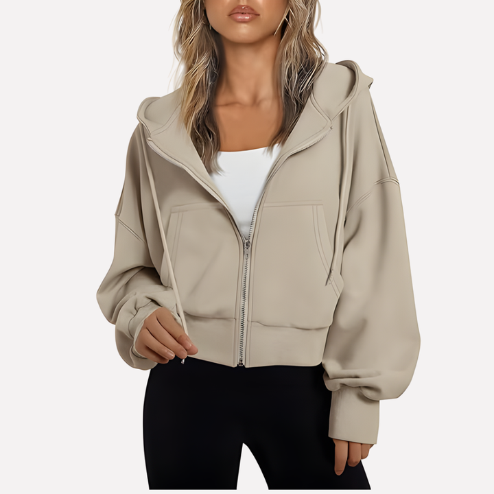 Dam Zip Hoodie Avslappnad Passform Croppad Dragkedja Jacka